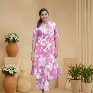 Women’s Pink Floral Cotton Kurti Set with Palazzo.
